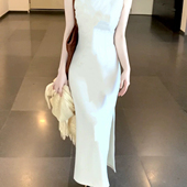 她来了复古馆金枝玉孽国风港工牡丹金色刺绣复古修身 白色旗袍 无袖