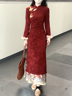 她来了复古馆新中式 国风连衣裙改良加绒年会结婚订婚聚会红色旗袍