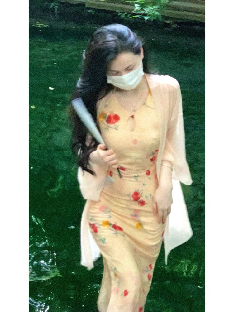 新中式吊带两件套装印花修身仙女