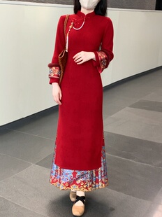 她来了复古馆新中式红色新年订婚结婚年会改良旗袍倒大袖连衣裙