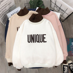 羊羔毛领卫衣女2021秋冬新款韩版假两件高领加绒加厚外套上衣服潮