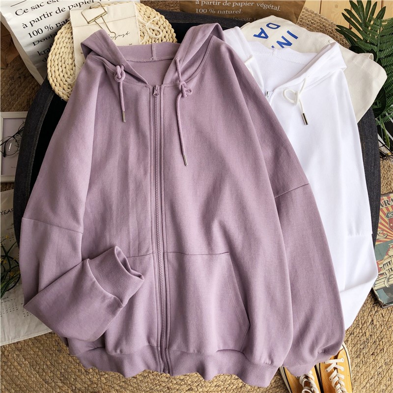 紫色开衫拉链外套女连帽2020春秋冬季新款薄款盐系加绒卫衣上衣潮
