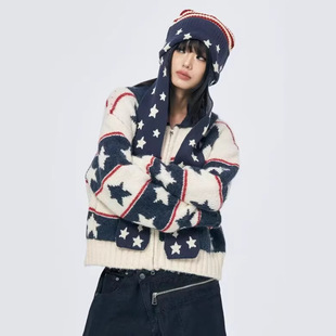 美式复古星星撞色拉链针织开衫毛衣男女款春秋季宽松慵懒短款外套
