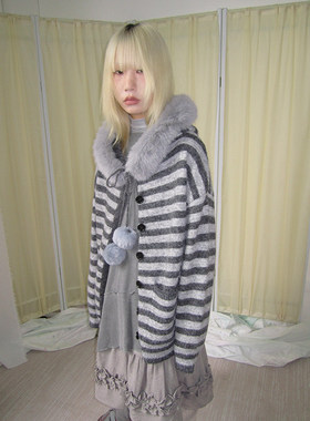 3months2025秋季新款韩系慵懒风小众条纹拼色百搭开衫毛衣外套女