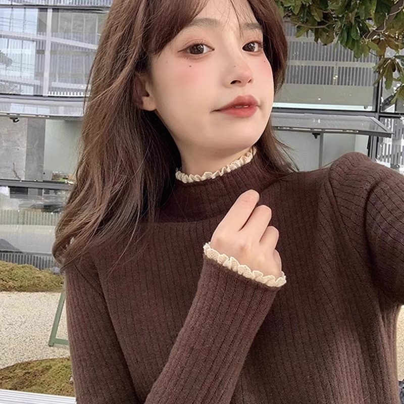 花边领中领针织打底衫女内搭加绒上衣秋冬高级感一体绒半高领毛衣