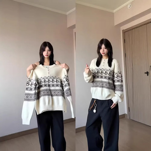 费尔岛企鹅提花亨利领毛衣女秋冬季慵懒风针织衫内搭打底长袖上衣