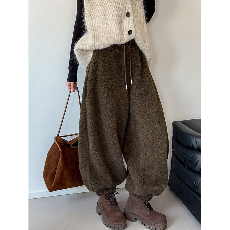 软糯摇粒绒束脚欧韩货高端加绒卫裤女款休闲裤宽松慵懒风直筒裤子