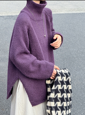 紫色不规则开叉高领毛衣外套女2025新款加厚慵懒风针织衫羊毛上衣