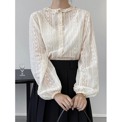 法式花边领泡泡袖蕾丝衬衫女