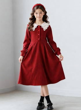 红色法式文艺长袖连衣裙女童秋冬季2025新款甜美裙子喜庆加绒冬裙