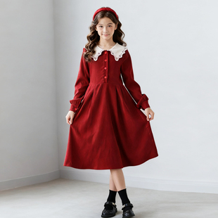 红色法式文艺长袖连衣裙女童秋冬季2025新款甜美裙子喜庆加绒冬裙