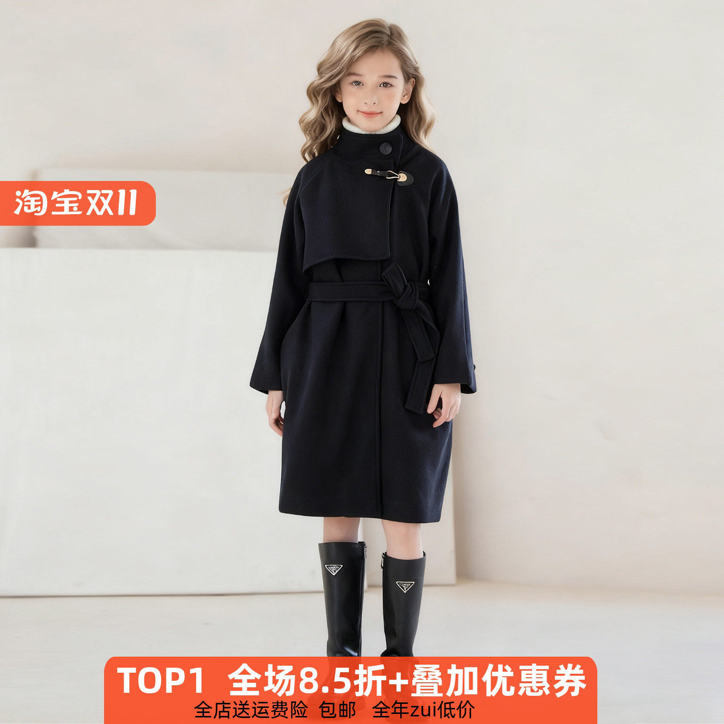 黑色小众小女孩呢子外套加厚毛呢外衣大女童洋气时髦韩版长款大衣