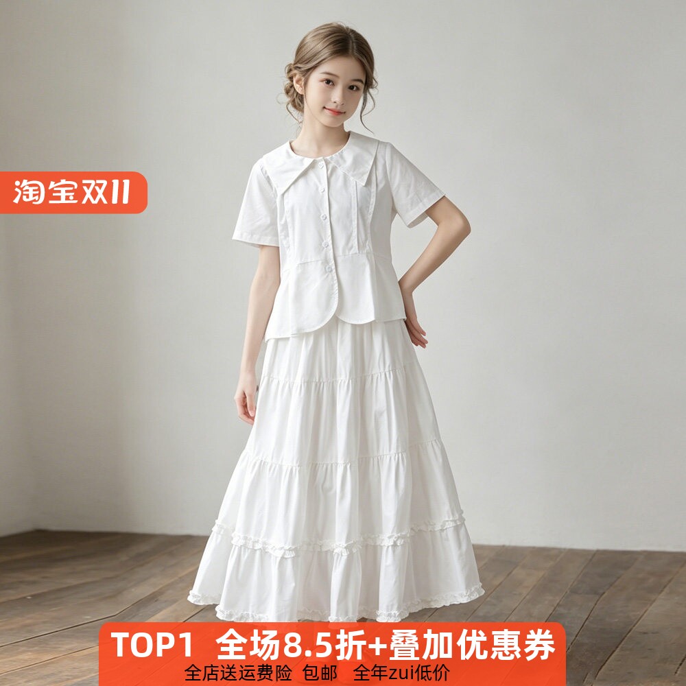 女童纯棉白色套装裙夏季薄款短袖
