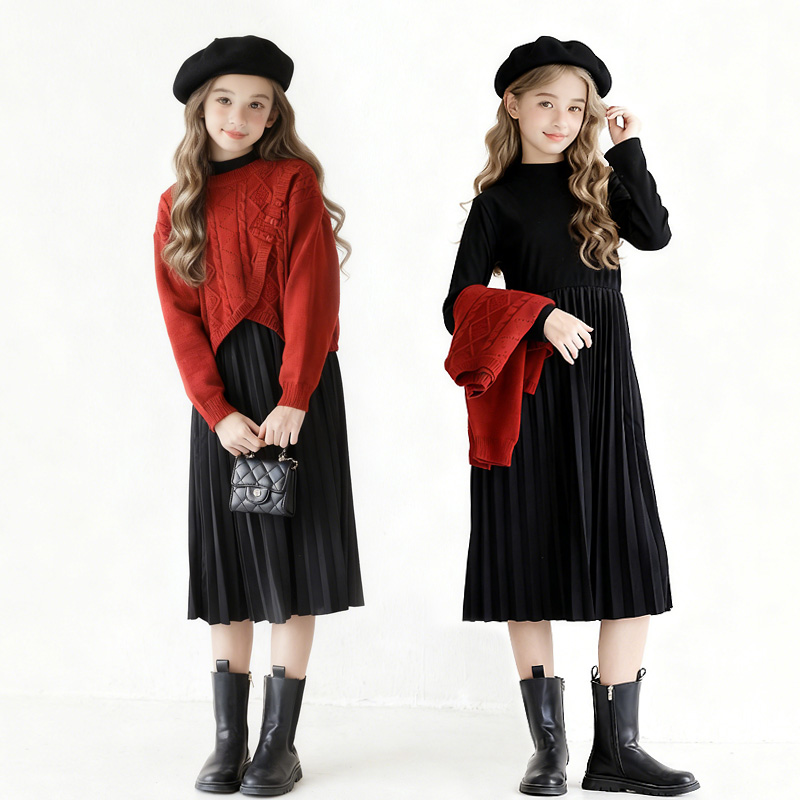 新中式红色女童冬装套装裙洋气小女孩毛衣连衣裙两件套学生本命年