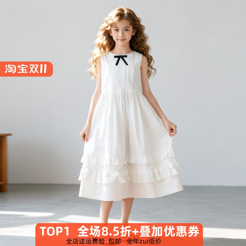 无袖夏装女童白色连衣裙纯棉中大童洋气公主裙小女孩度假长裙演出
