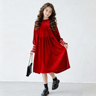 红色花边女童连衣裙2025新款中大童初中生丝绒公主裙秋冬过年裙子