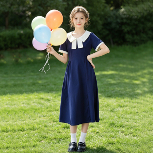 夏季儿童连衣裙纯棉学院风女童气质夏裙蓝色修身初中学生长裙女式