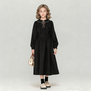 学院黑色女童连衣裙秋冬加绒冬裙中大童娃娃领长裙子女款文艺气质