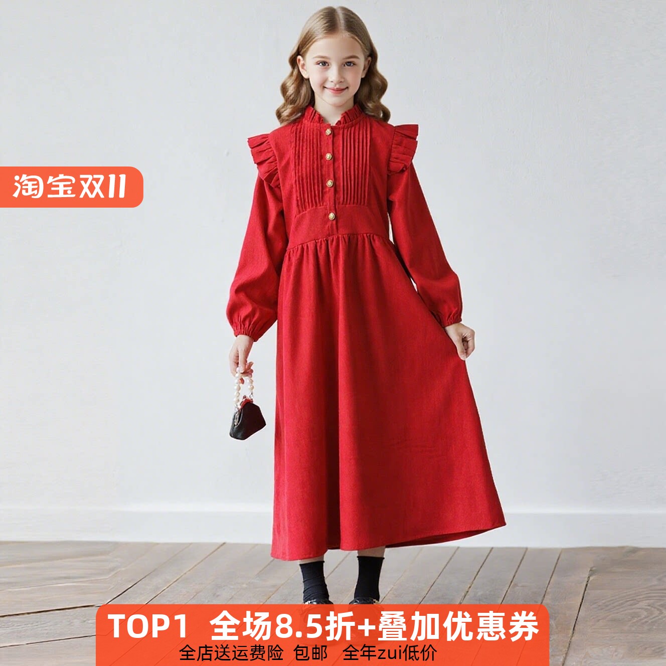 红色时尚女童秋款裙子新款儿童女孩连衣裙长袖复古公主裙冬季加绒