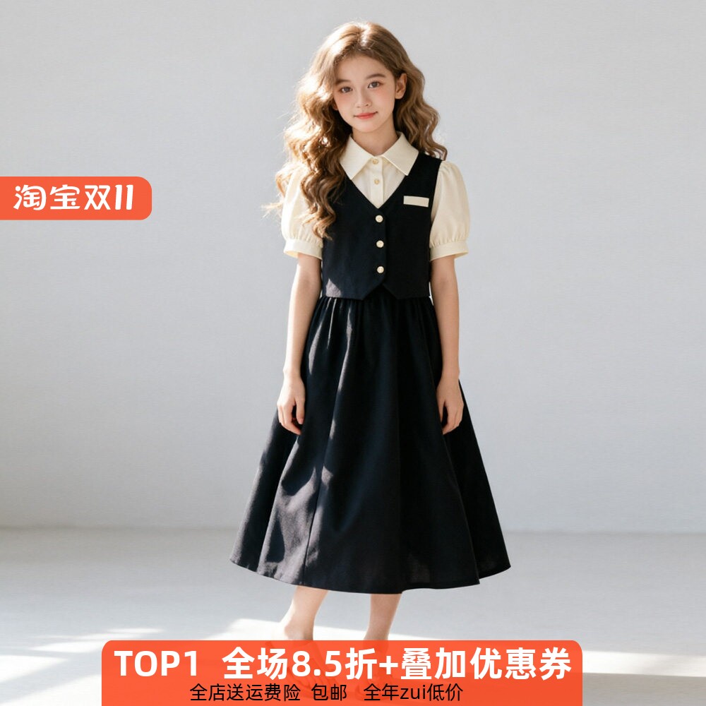 演出比赛女童夏装连衣裙小女孩洋气公主裙假两件学院童裙朗诵裙子