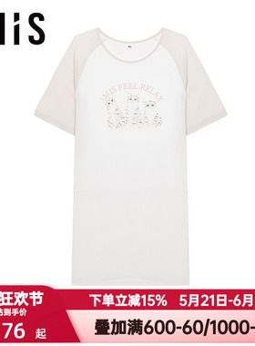爱美丽夏季女三只小猫印花圆领套头中长款睡裙短袖家居服IM44CGT1