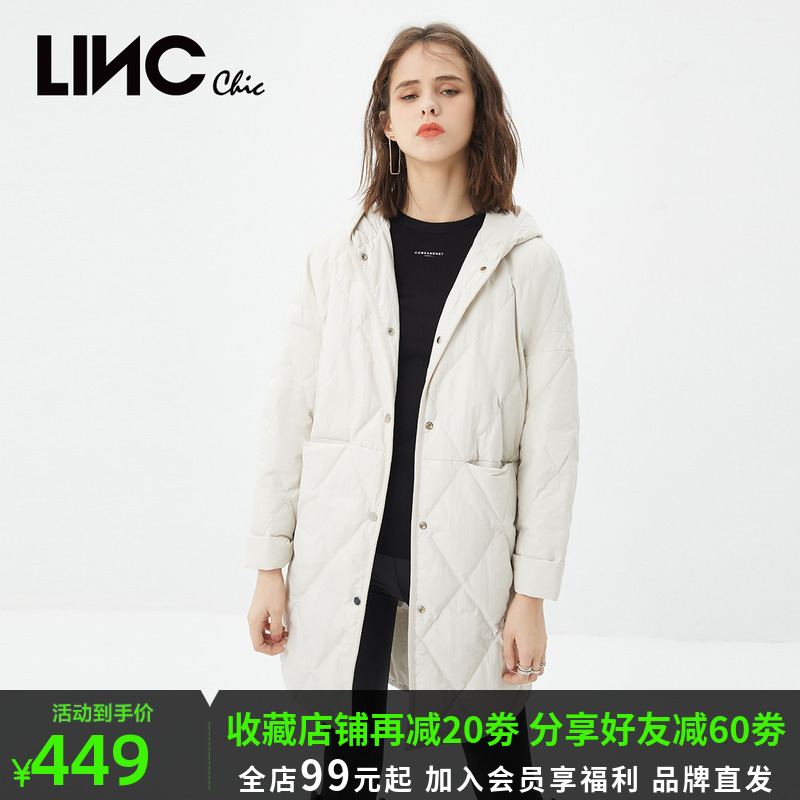 LINC金羽杰羽绒服女中长款2021年新款连帽轻薄鸭绒外套Y21803322Y