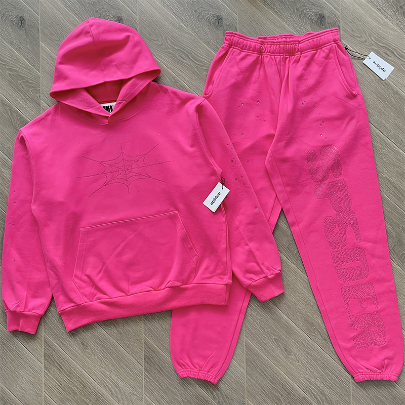 Sp5der worldwide 555555 烫钻蜘蛛网连帽卫衣长裤套装