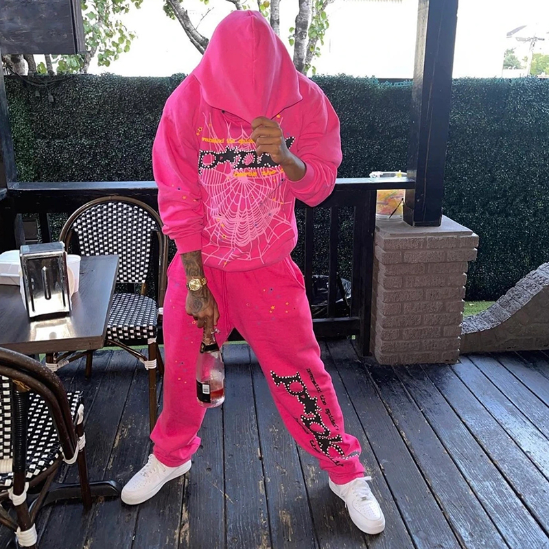 Young Thug明星同款 Sp5der 555555 Pink Hoodie长裤卫衣套装-封面