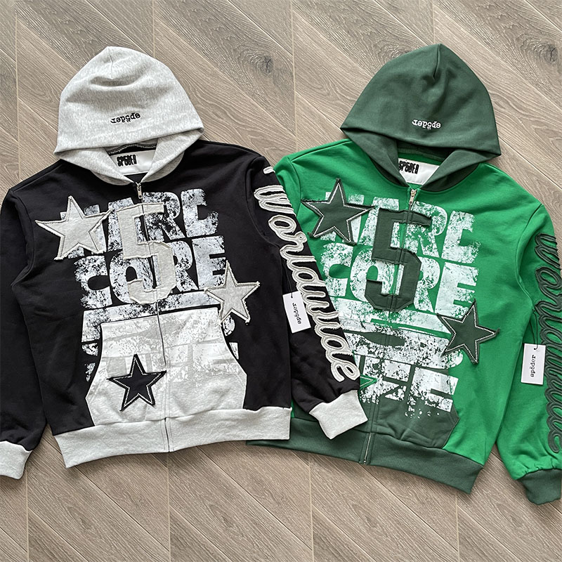 Sp5der worldwide 555555 烫钻刺绣美式开衫连帽卫衣