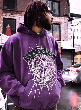 明星同款 Sp5der 555555 Web Hoodie pants 紫色闪片长裤卫衣套装