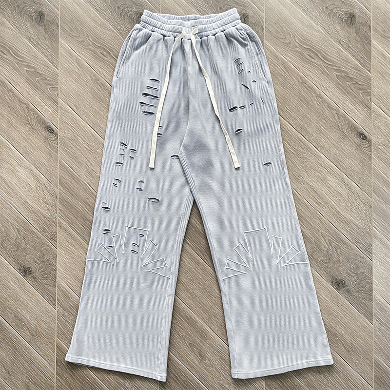 Vertabrae sweatpants 街头风浅灰破洞刺绣宽松抽绳休闲长裤