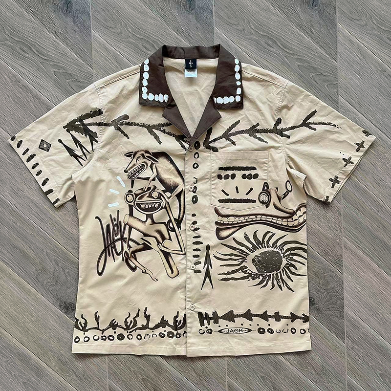 thumbnail for Travis Scott Cactus Jack Painter Button Up Graffiti Lapel Shirt Short Sleeve