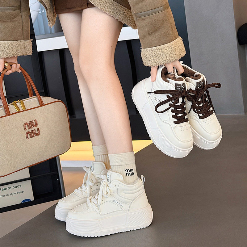明星时尚同款韩版厚底高帮休闲鞋女白色交叉绑带增高小白鞋厚底鞋