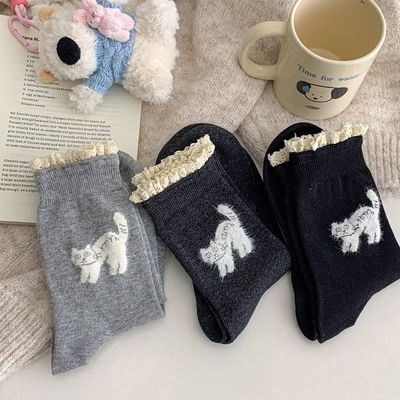 suxinaimin袜子女可爱植绒卡通小猫咪日系撞色蕾丝花边中筒堆堆袜