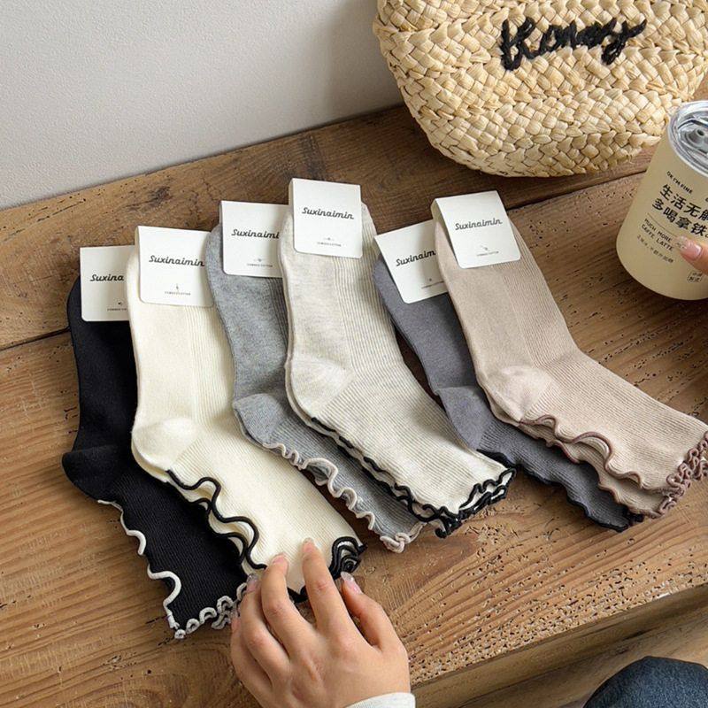 春秋木耳边袜子女纯色中筒袜潮花边百搭棉袜复古堆堆袜,女士内衣/男士内衣/家居服,中筒袜,淘宝优惠券,粉丝福利购,淘宝优惠卷