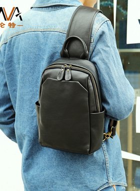 玛轮特疯马皮复古单肩斜跨胸包真皮男士户外挎前包黑色背包小男包