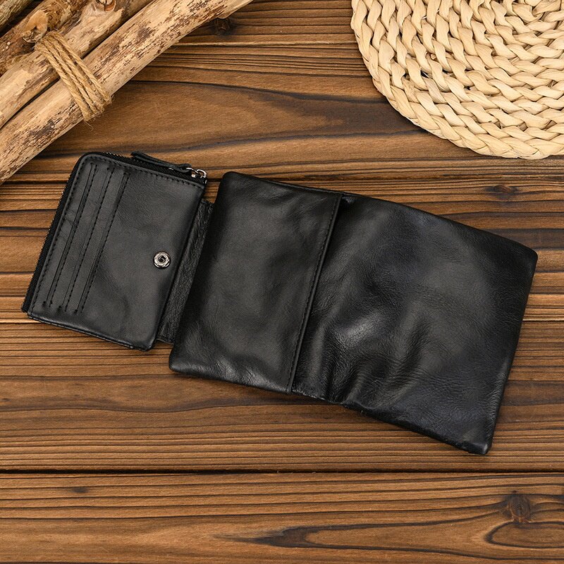 2026春夏真皮短钱包带零钱袋黑色油皮男士头层牛钱包二折三折多
