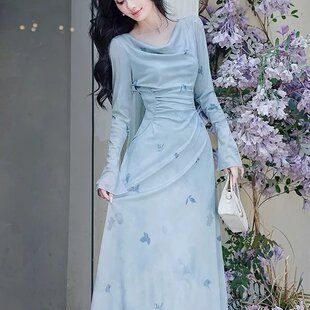 浪漫法式荡领飘带晕染印花连衣裙设计感独特漂亮绝美掐腰a字长裙
