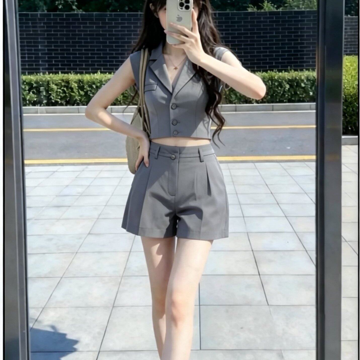 夏装搭配一整套干练气质小个子灰色西装马甲短裤时候套装