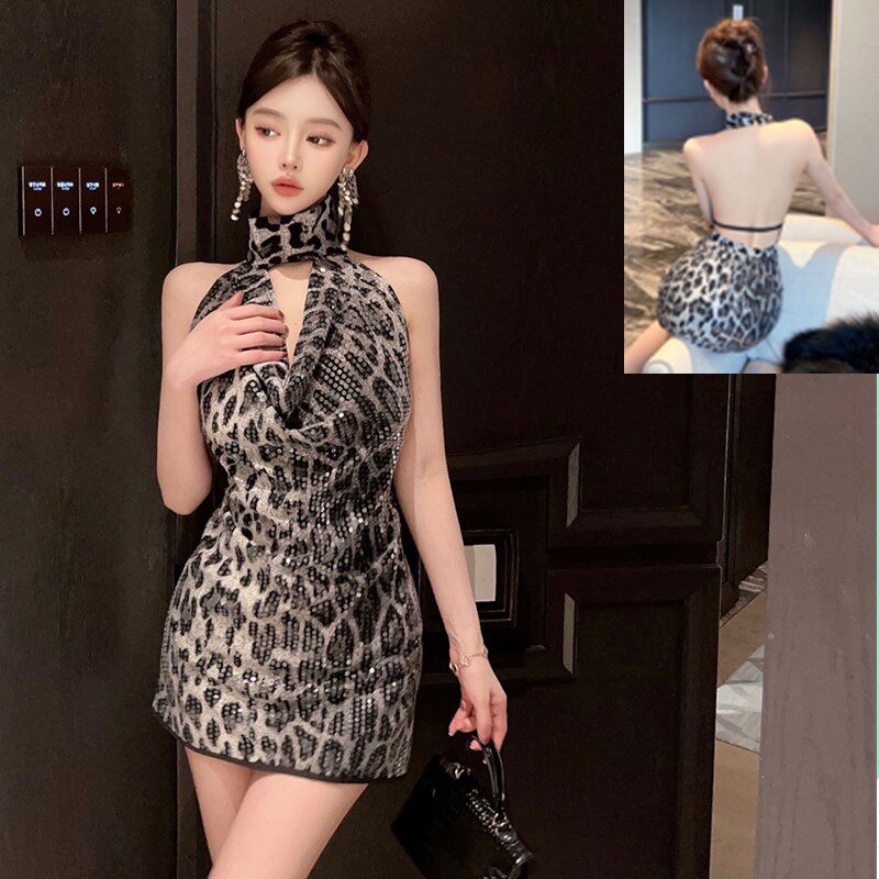 实拍欧美风豹纹亮片荡领挂脖裙大露背辣妹炸街性感小礼服连衣裙