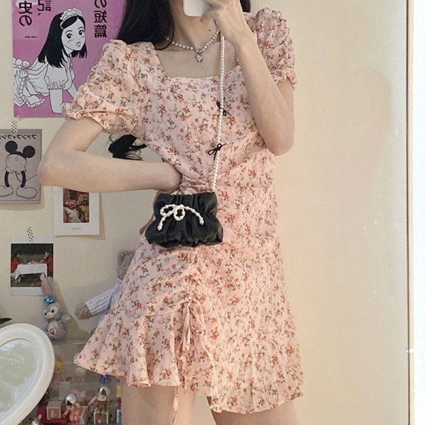 夏装大码女装碎花胖mm甜美方领收腰显瘦仙女连衣裙
