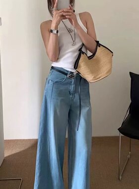 Dimo欧货浅蓝色高腰阔腿九分牛仔裤女春季宽松弹力筒喇叭裤