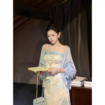 亭禾冰蓝水色天丝 清明上河图系列 吊带半裙开衫 TT2GXTH