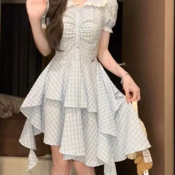 蓝色格纹娃娃领连衣裙女夏季小个子复古学院风设计感不规则短裙子