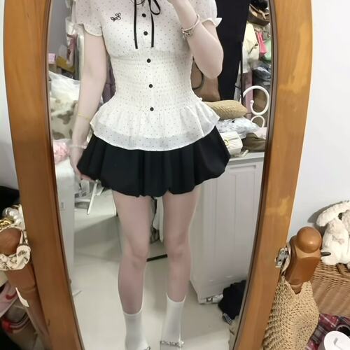 ELEVEN SLEEP夏季白色波点衬衫短袖女韩系泡泡袖t恤收腰显瘦上衣