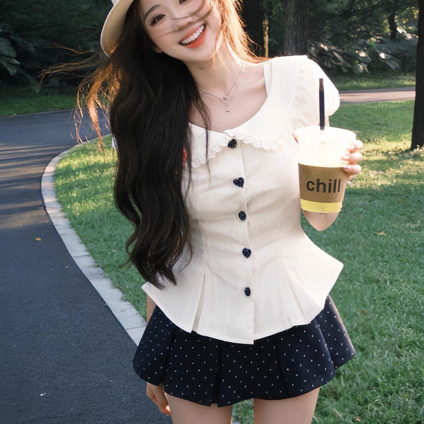 韩系甜美风白色娃娃领衬衫连衣裙子女2026夏季新款巨好看短裙套装