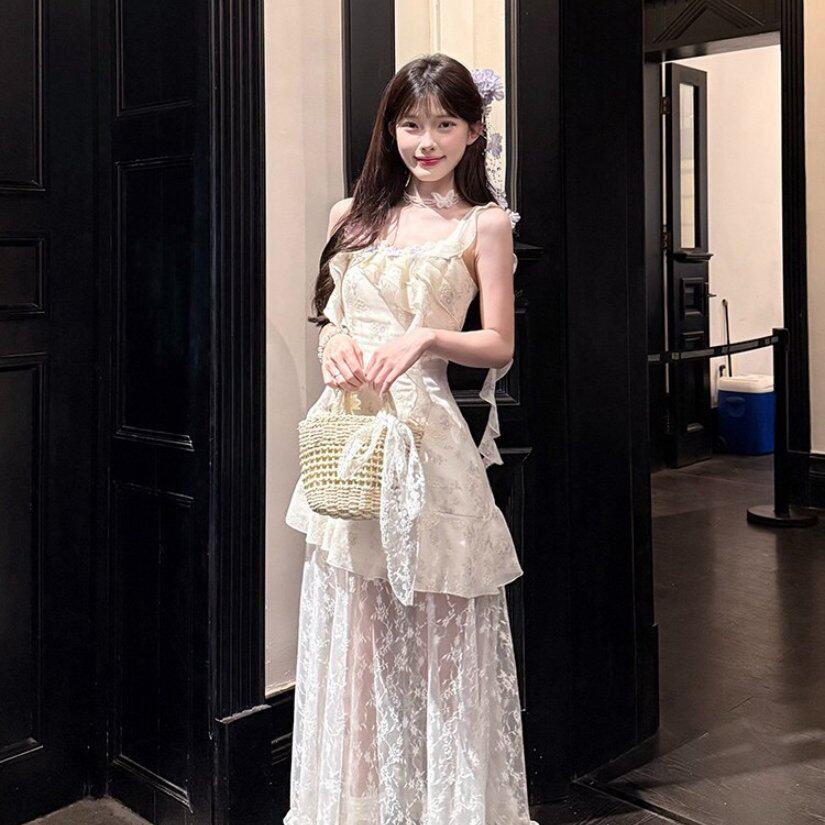 桔梗house 雾紫花语 温柔风刺绣蕾丝拼接吊带长裙夏日穿搭图片