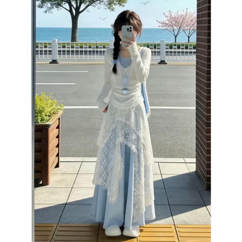 韩系巨好看穿搭一整套春季2026新款白色连衣裙子女长裙三件套装