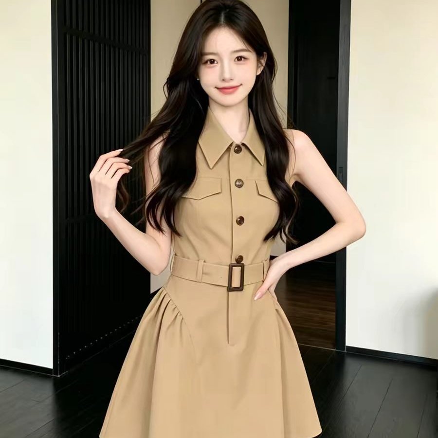 千金风气质卡其色收腰无袖连衣裙女夏高级感修身显瘦衬衫裙小裙子