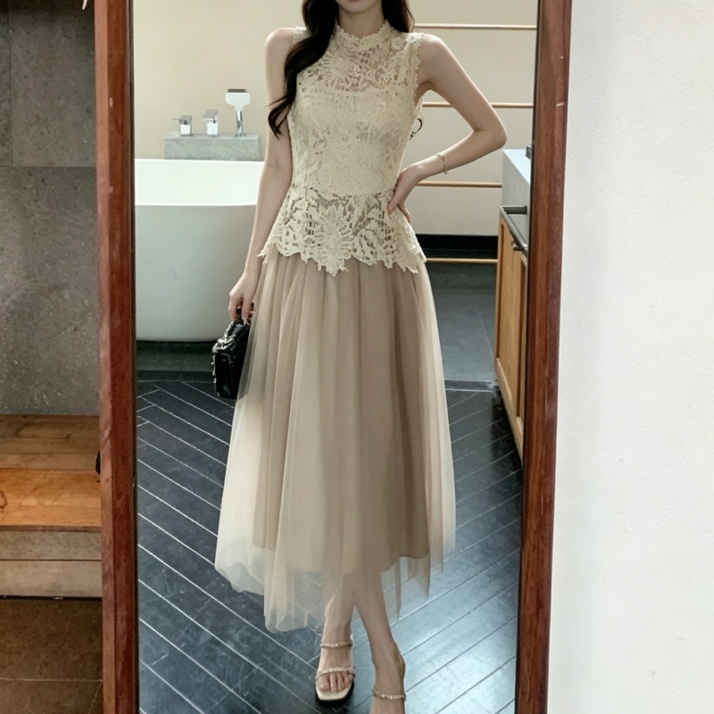 2026新款夏季法式修身蕾丝无袖连衣裙女二件套巨好看网纱半身裙子